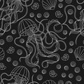 Seamless illustration with light contour jellyfishes and shells, dark outline fishes on a white background