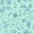 Seamless pattern on marine theme. Underwater inhabitants. Fish, dolphin, octopus, crab, seahorse, jellyfish. Linear drawing. Blue Royalty Free Stock Photo