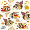 Seamless pattern. Maritime ornament with beautiful stylized fishes. Underwater life background. Modern print ornate for wallpaper
