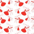 Seamless pattern Martisor. Martenitsa Red and white couple talisman, accessory on white background. Traditional spring