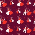 Seamless pattern Martisor. Martenitsa Red and white romantic couple talisman accessory on burgundy background