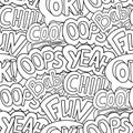 Seamless pattern, mass of words, retro cool comic style. Black and white hand drawn lettering backdrop