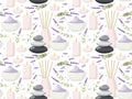 Seamless pattern with massage stones, candle, lavender plant, aroma diffuser, bowl full of bath salt in pastel tones Royalty Free Stock Photo