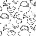 Seamless pattern with matcha. Vector illustration. Pattern with tea, teapot, tea leaves.