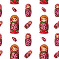 Seamless pattern of matreshka nesting doll on white background isolated, red matrioska ornament wallpaper, beautiful matryoshka