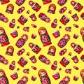 Seamless pattern of matreshka nesting doll on yellow background isolated, red matrioska ornament wallpaper, beautiful matryoshka Royalty Free Stock Photo