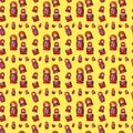 Seamless pattern of matreshka nesting doll on yellow background isolated, red matrioska ornament wallpaper, beautiful matryoshka Royalty Free Stock Photo