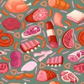 Seamless pattern with meat products. Chicken, sausages and steak. Decor textile, butcher wrapping paper, wallpaper Royalty Free Stock Photo