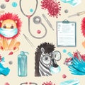 Seamless pattern medical elements virus masked animals kids cartoon Hand painted watercolor illustrations