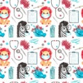 Seamless pattern medical elements virus masked animals kids cartoon Hand painted watercolor illustrations