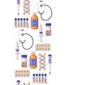 Seamless pattern with medical and healthcare items. Equipment for pharmacies and hospitals.