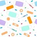 Seamless pattern of medical items and medicines on a white