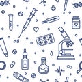 Seamless pattern with medical lab equipment. Backdrop with attributes of medicine, pharmaceutics, cure and treatment