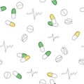 Seamless pattern of medical pills. Background made from dotted pills and capsules.