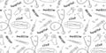 Seamless pattern with medicine items and lettering. Vector hand drawn outline illustration in doodle style. Symbols of doctors, Royalty Free Stock Photo