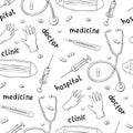 Seamless pattern with medicine items and lettering. Vector hand drawn outline illustration in doodle style. Symbols of doctors, Royalty Free Stock Photo