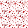 Seamless pattern with medicines, capsules, medicaments, drugs, pills and tablets. Medical pharmacy backgrounds and textures.