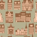 Seamless pattern medieaval old city, flat style. Autumn landscape city architecture