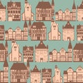 Seamless pattern medieaval old city, flat style. Autumn landscape city architecture