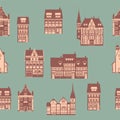 Seamless pattern medieaval old city, flat style. Autumn landscape city architecture