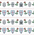 Seamless pattern with medieval helmets, shields and roses