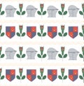 Seamless pattern with medieval helmets, shields and roses on white background