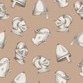 Seamless pattern with medieval helmets, sketch style engraving, vector illustration