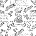 Seamless pattern with medieval tower, banner, dragon and hand written text.