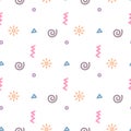 Seamless pattern in memphis style, with geometric elements: triangle, spiral, zigzag, sun; on a white background.