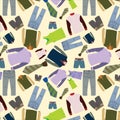 Seamless pattern of men cloths fashion, colorful short pant ,vest, under shirt, jeans pant, sweatshirt, shirt, tie .