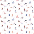 Seamless pattern with men, women and children performing winter outdoor activities. Backdrop with people skiing Royalty Free Stock Photo
