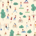 Seamless pattern with men and women performing physical or sports activities in park. Backdrop with outdoor fitness