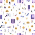 Seamless pattern with men and women walking with children or dogs, riding bicycles, sitting on bench in city suburbs