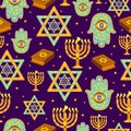 Seamless pattern with Menorah, Star of David, Hamsa and Torah Royalty Free Stock Photo