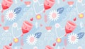 Seamless pattern. Menstrual cup, hearts and flowers.