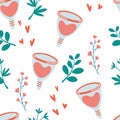 Seamless pattern with menstrual cup. Zero waste periods floral background. Female hygiene products. Eco friendly reusable