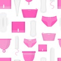 Seamless pattern of menstruation time. Woman hygiene products - tampon, menstrual cup, sanitary. Flat style