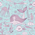 Seamless pattern with mermaid, fishes, coral, shell, seahorse and seaweeds. Royalty Free Stock Photo