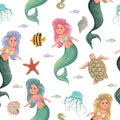 Seamless pattern with mermaid and marine animals. Cartoon sea fauna in watercolor style. Royalty Free Stock Photo