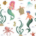Seamless pattern with mermaid, merman, marine plants and animals. Cartoon sea flora and fauna in watercolor style. Royalty Free Stock Photo