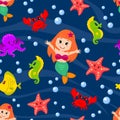 Seamless pattern with mermaid and sea animals