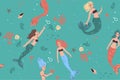 Seamless pattern with mermaids and marine life. Vector graphics Royalty Free Stock Photo