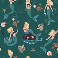 Seamless pattern with mermaids and marine life. Vector graphics Royalty Free Stock Photo