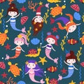 Seamless pattern with mermaids and sea animals - vector illustration, eps Royalty Free Stock Photo