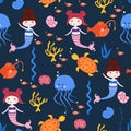 Seamless pattern with mermaids jellyfish and turtles - vector illustration, eps Royalty Free Stock Photo