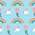 Seamless pattern with mermaids, unicorns and rainbows on blue background.