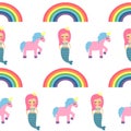 Seamless pattern with mermaids, unicorns and rainbows