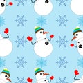 Seamless pattern for Merry Christmas and New Year. Cute Snowman and snowflakes on a blue background. Holiday decoration Royalty Free Stock Photo