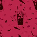 Seamless pattern with Mexican cocktail Vampiro on magenta background with chili peppers and lime slices. Vector