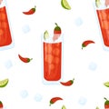 Seamless pattern with Mexican cocktail Vampiro on white background with ice cube, chili peppers and lime slices. Vector Royalty Free Stock Photo